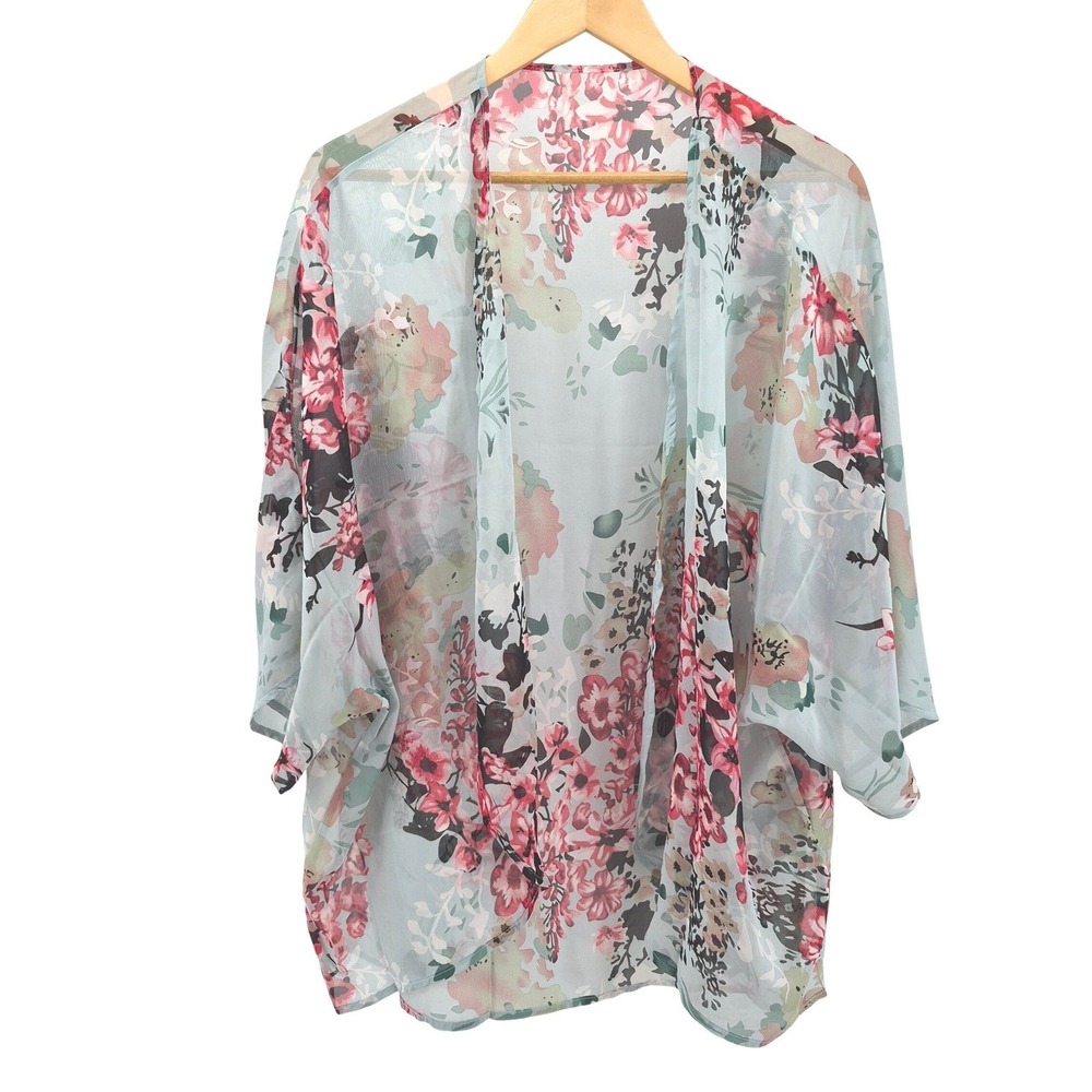 Floral Sheer Kimono Cover Up One Size Mint Blue Pink Boho Beach Resort Festival - Picture 2 of 9